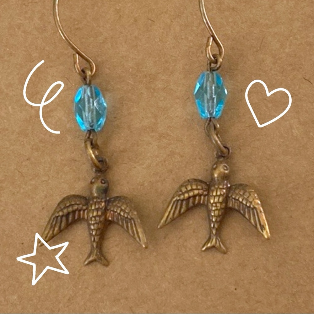 Vintage Brass Sparrow Drop Earrings with Aqua Beads.